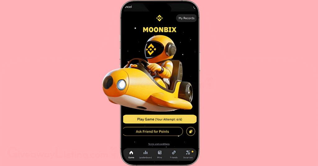 The Moonbix character taking off from the game start interface showing how to start playing the game to earn airdrops