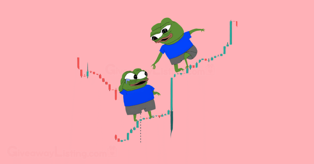 Two Pepe characters climbing signal candlesticks.