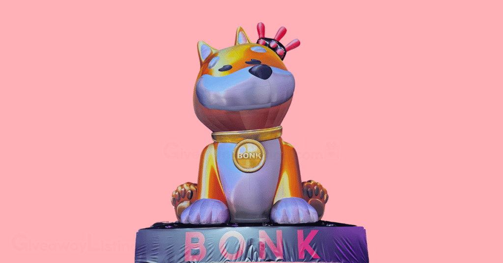 a Bonk dog statue wearing a Bonk chain.