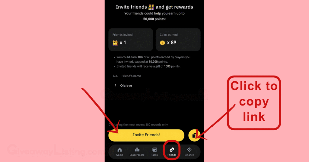 Moonbix game interface showing how to invite friends