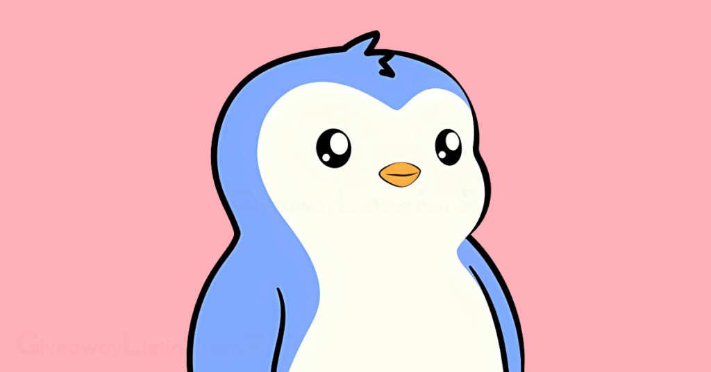 a Pudgy Penguin on a light pink background.