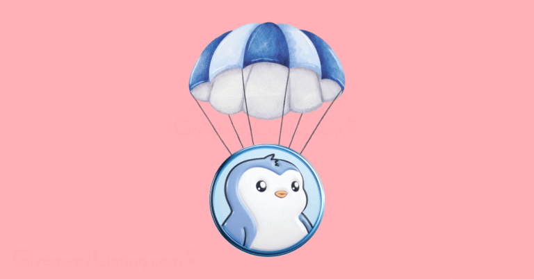 the Pudgy Penguins PENGU token logo hanging on a blue parachute.