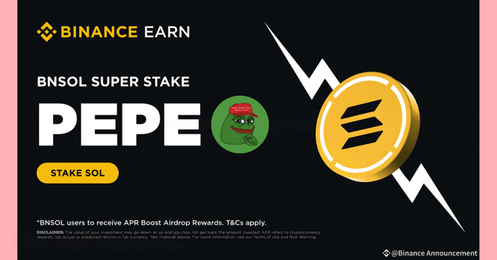 the Binance BNSOL Super stake Pepe announcement flyer.
