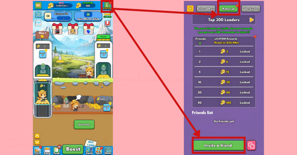 Cat Gold Miner Interfaces showing how to Refer Friends