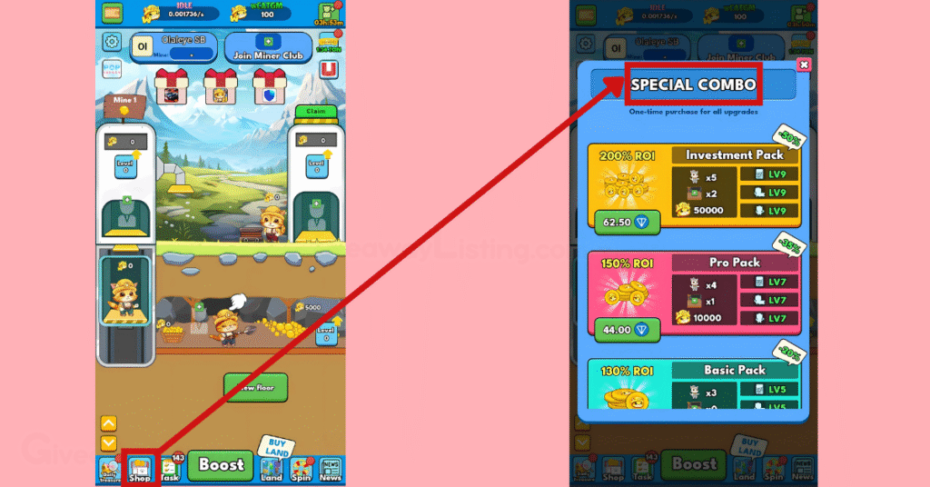 Cat Gold Miner Interfaces showing how to shop for Upgrades