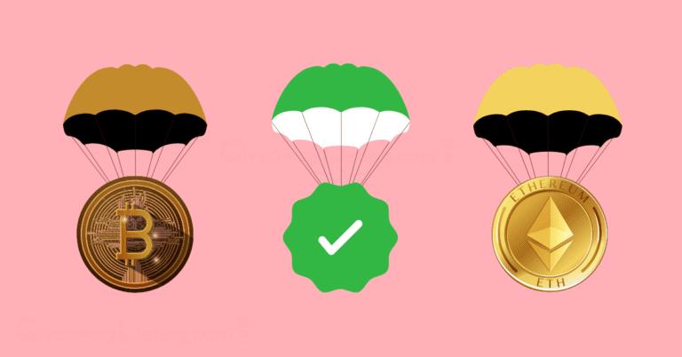three parachutes with the BTC and Ethereum logos, and a check icon hanging on them.