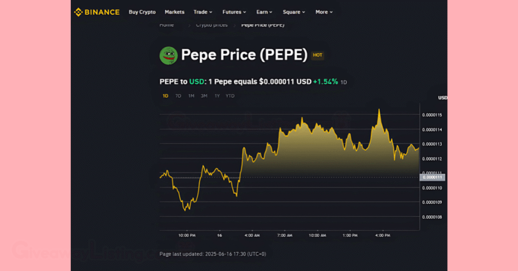 the Pepe Coin price on Binance.