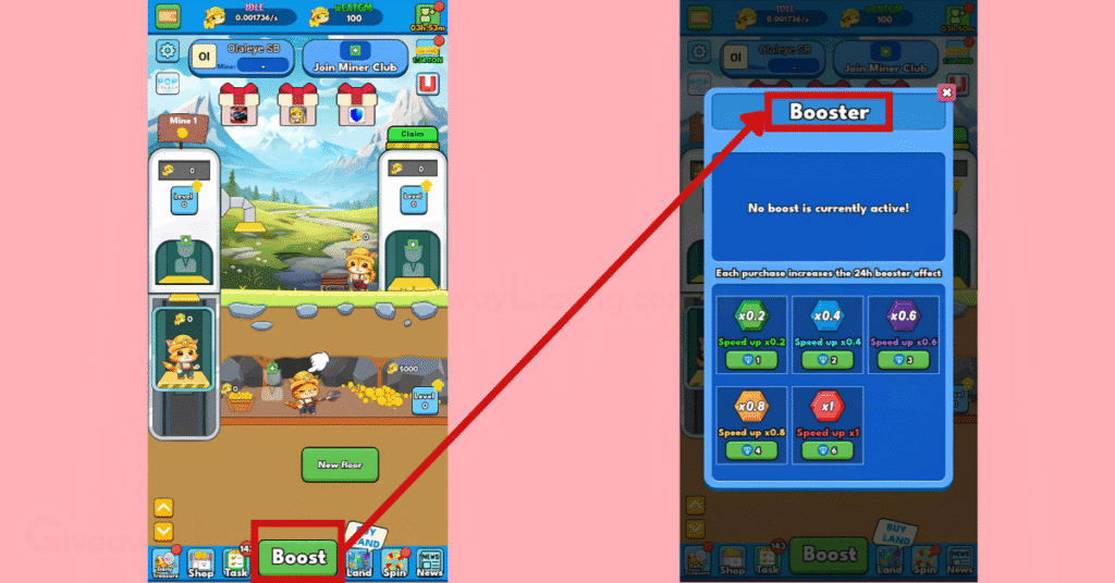 Cat Gold Miner Interfaces showing how to use the Boosters