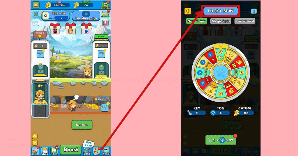 Cat Gold Miner Interfaces showing how to use the Spin Button