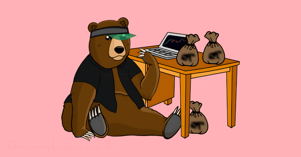 a Berachain bear with stacks of cash and a laptop showing trading signals.