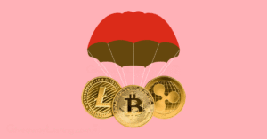 a parachute with crypto coin logos hanging on it.