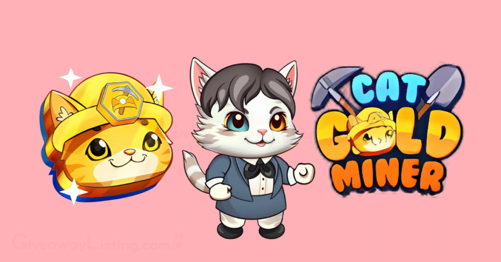 A character from the Cat Gold Miner game in the middle with the Cat Gold Miner coin logo and the text logo