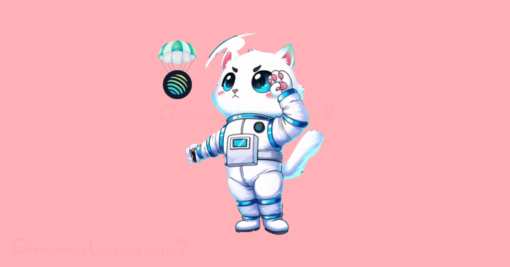 Jupiter's space cat looking at a miniature parachute carrying the Jupiter airdrop coin logo.