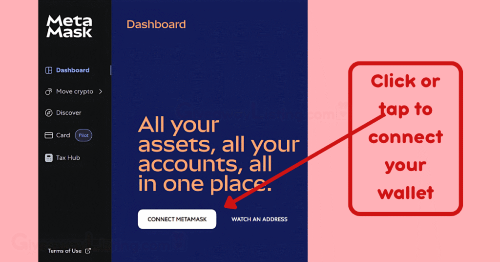 the MetaMask portfolio dashboard with an arrow and texts showing how to connect wallets