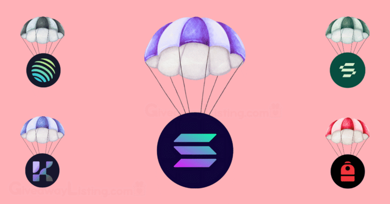a purple parachute with the solana logo hanging on it, and four other smaller parchutes carrying Jup, Solayer, Backpack, and Krain token logos.