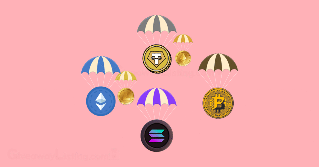 parachutes and crypto coin logos.