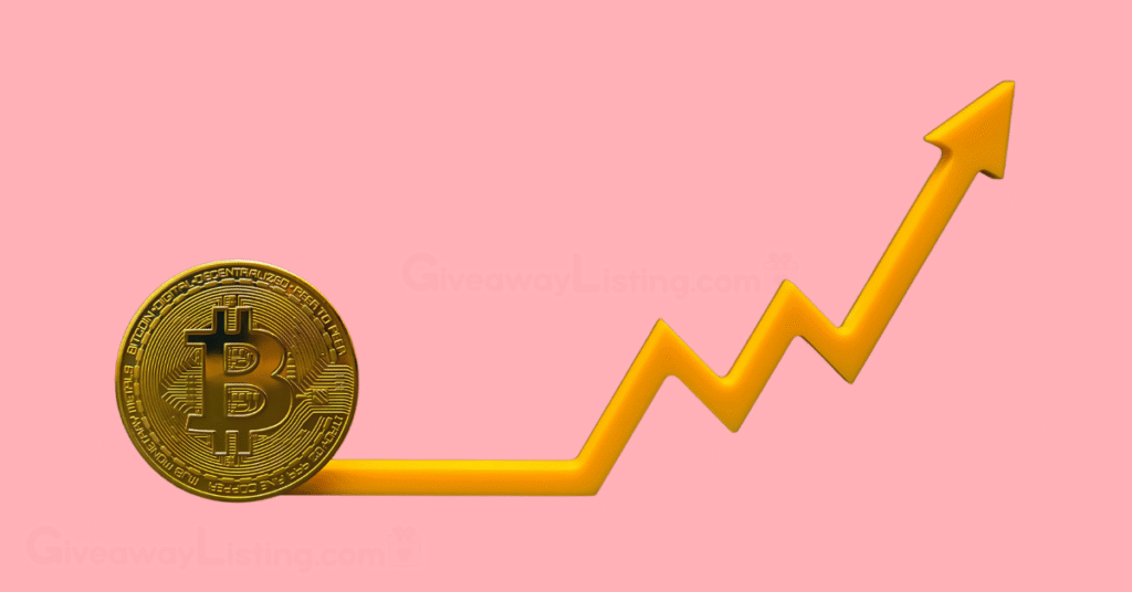 a gold bitcoin with a yellow chart arrow.