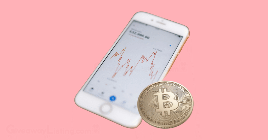 a mobile phone showing a bitcoin market trade chart with a silver bitcoin beside it.