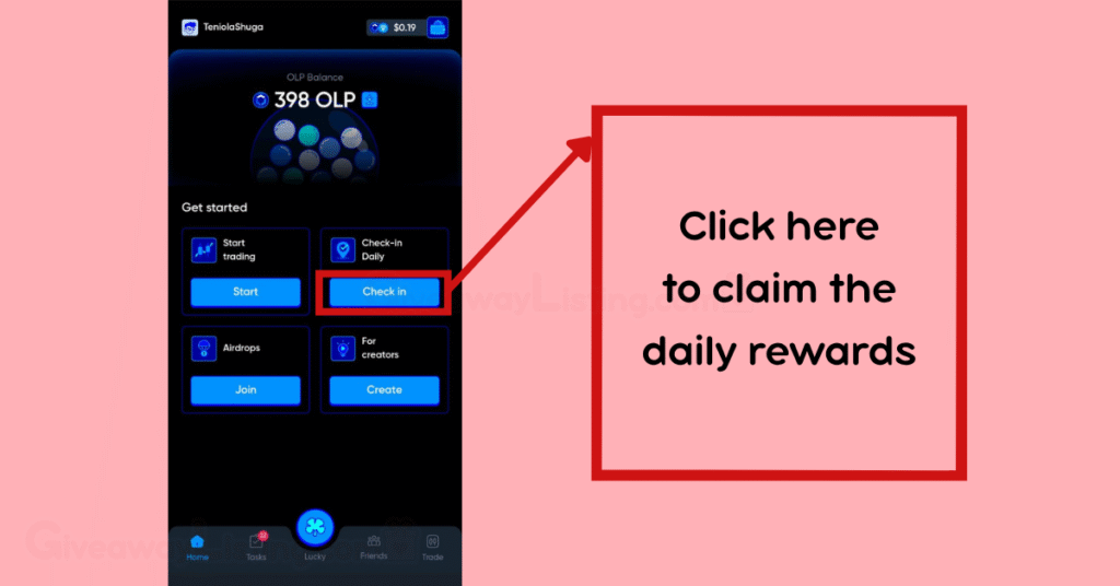 Onus Tap Tap interface and a box with the instructions on how to Claim Daily Rewards