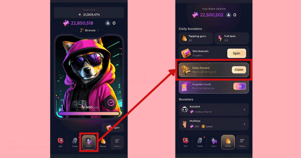 The Not Bored Puppies Start interface and the Boosters interface showing how to claim the Daily Rewards