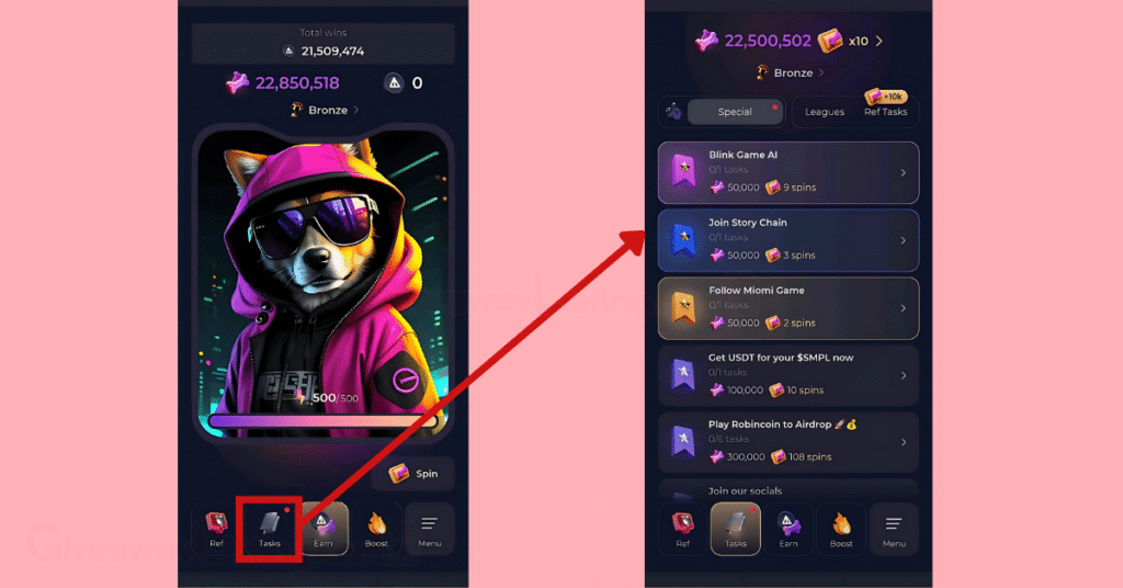 The Not Bored Puppies Start interface and the Tasks interface showing how to Complete Tasks