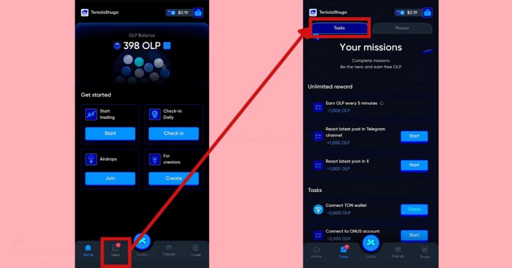 Onus Tap Tap interfaces showing how to Complete Tasks