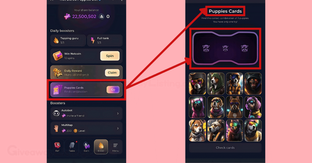 The Not Bored Puppies Booster interface and the Daily Combo/Puppies Cards interface showing how to arrange the Combo cards