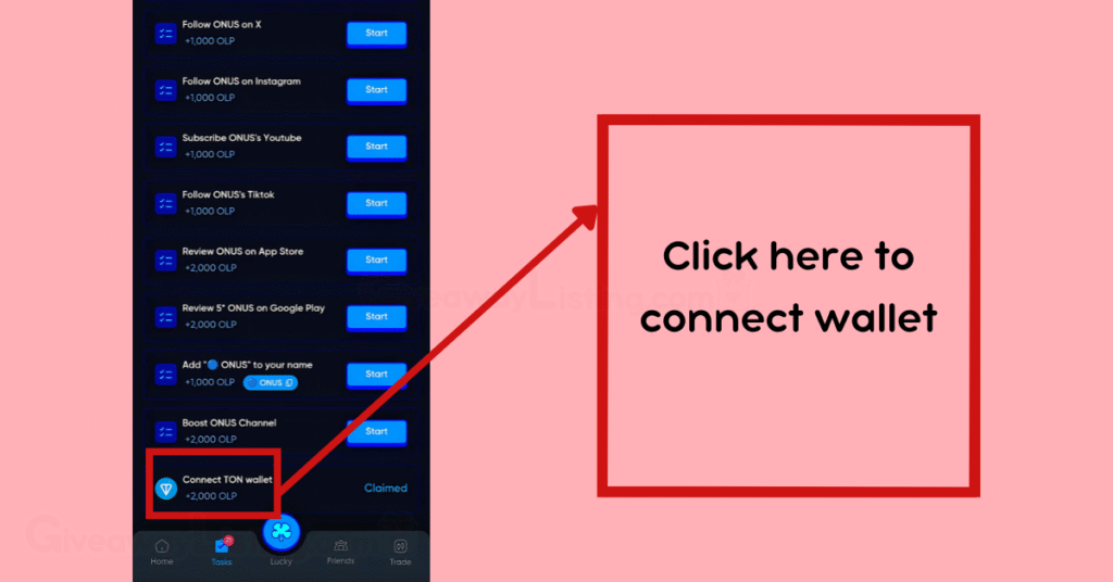 Onus Tap Tap interface showing how to connect your wallet