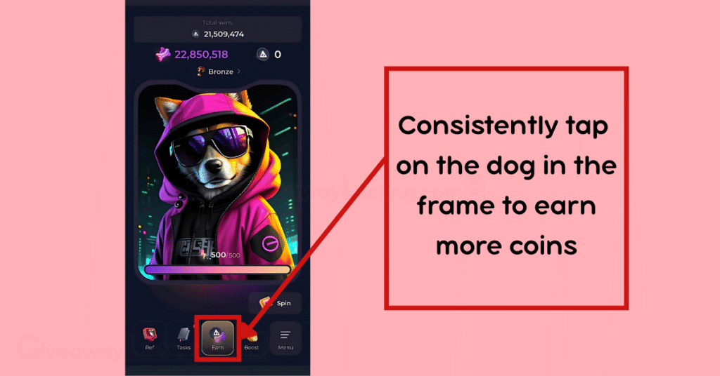 The Not Bored Puppies start interface and a text box stating where to tap to earn coins