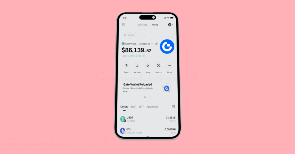 Gate.io Exchange interface on a smartphone mockup