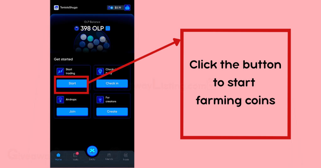 Onus Tap Tap interface and a box with instructions showing how to Trade