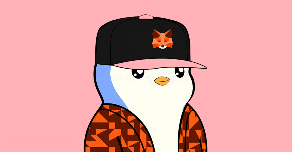 a Pengu character wearing a Metamask hat.