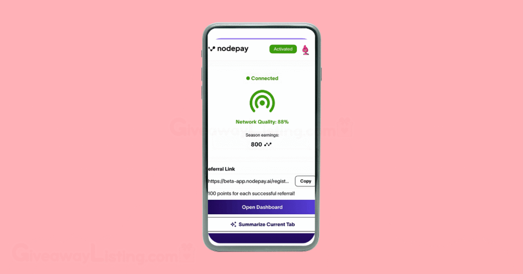 a phone screen showing the Nodepay app dashboard.