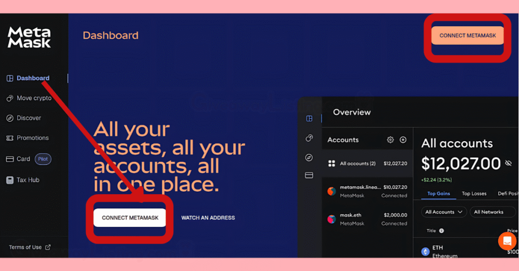 The MetaMask dashboard showing how to connect the wallet to claim a potential airdrop.
