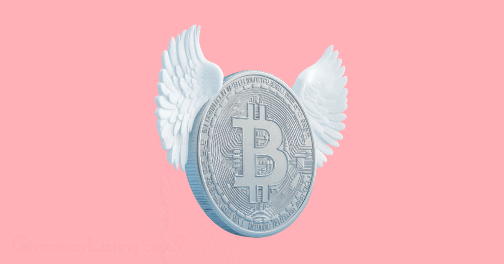 A silver-colored bitcoin with wings.
