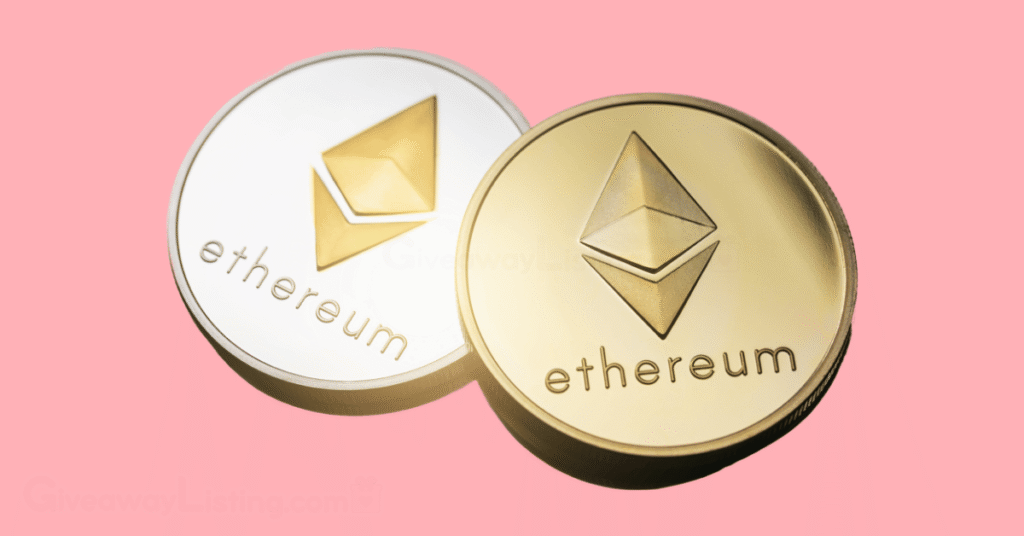 Two gold Ethereum coins.