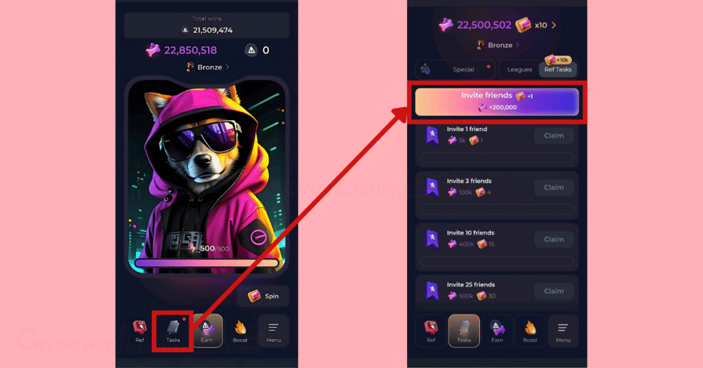 The Not Bored Puppies Start interface and the Referral Interface showing how to Invite Friends