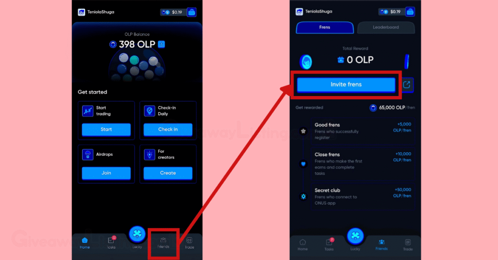Onus Tap Tap interfaces showing how to Invite Friends