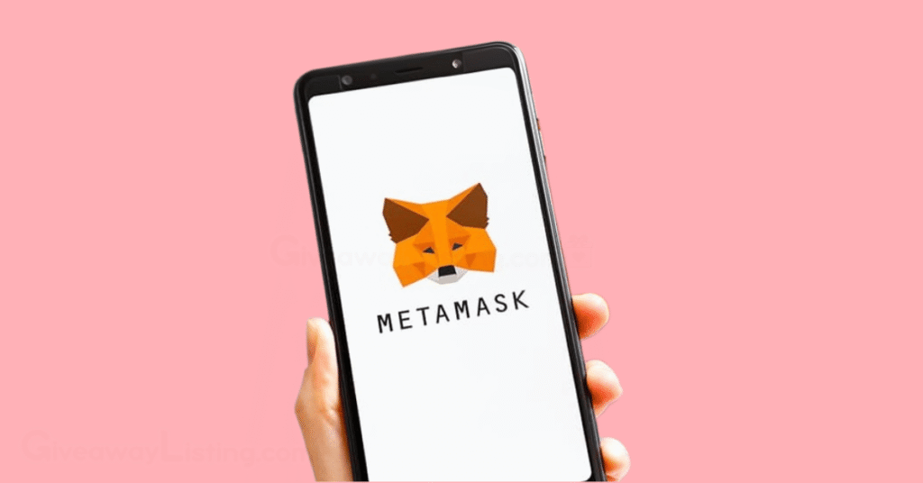 A mobile phone displaying the MetaMask logo.