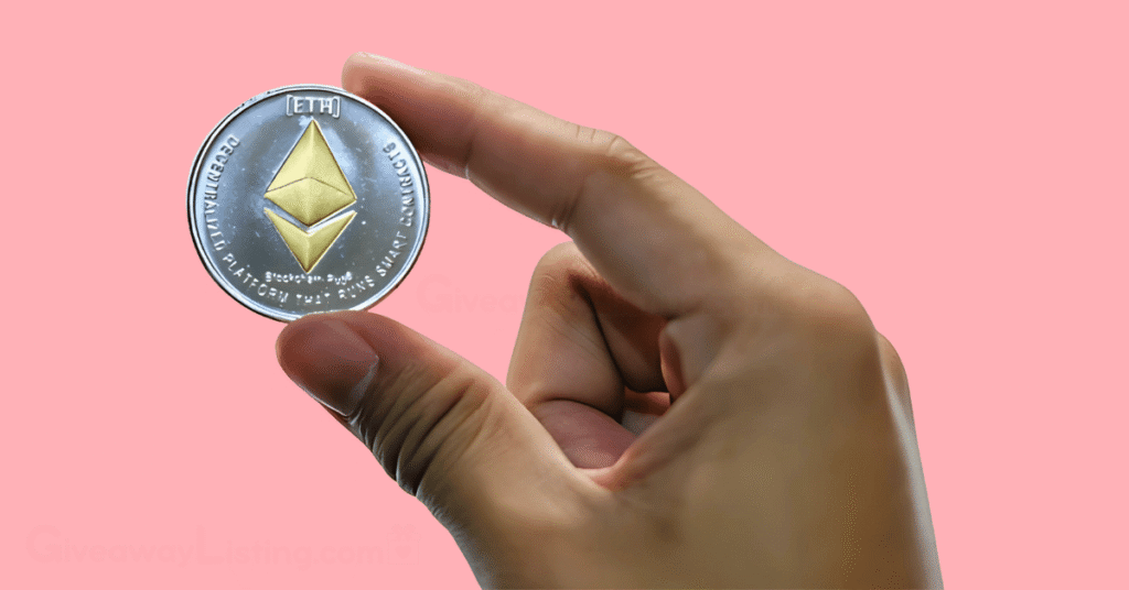 a person's hand holding an Ethereum token.