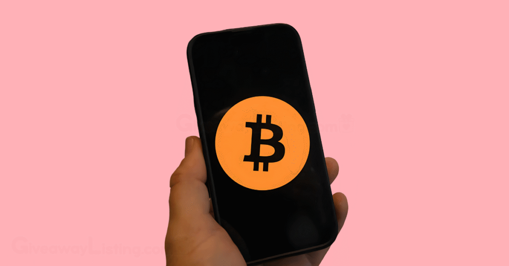 a person's hand holding a phone with the screen showing the Bitcoin logo.