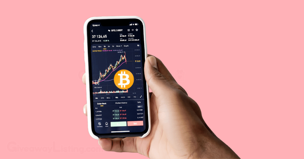 a mobile phone showing trading charts with the Bitcoin logo on it.