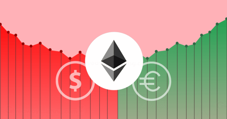 the Ethereum logo with dollar and Euro currency signs on a candlestcik chart.