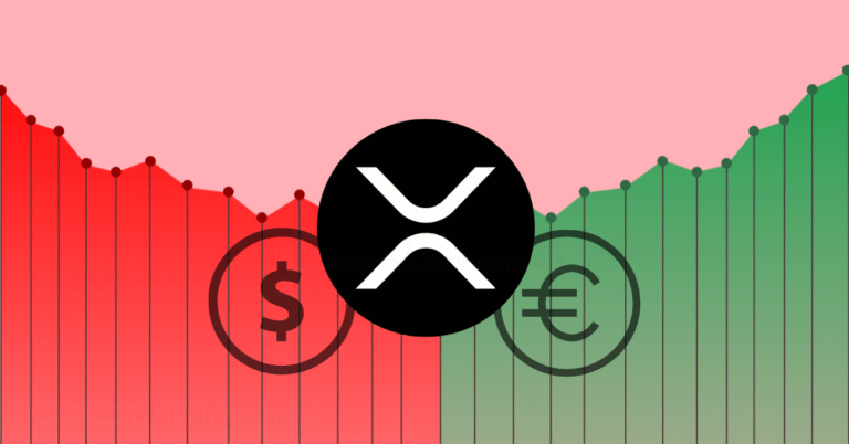 the XRP logo with dollar and Euro currency signs on a candlestcik chart.