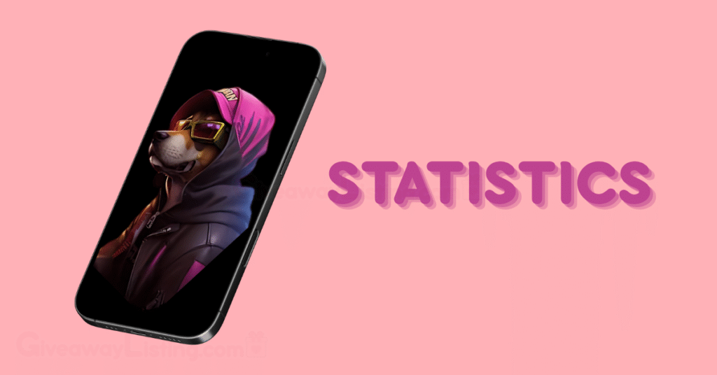 Not Bored Puppies character on a smartphone mockup and a text reading "Statistics".