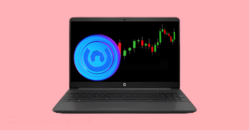 The Onus Tap Tap coin logo and trading candlesticks on a laptop screen.