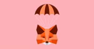 the Metamask logo hanging on a parachute.