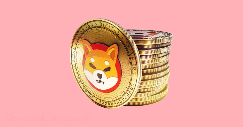 The Shiba Inu coin and other crypto coins on a light pink background.