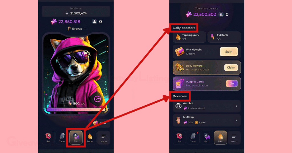 The Not Bored Puppies Start interface and the Boosters interface showing how to use Boosters