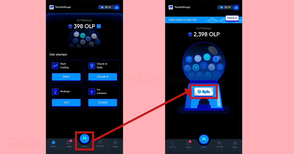 Onus Tap Tap interfaces showing how to Use the Spin Option